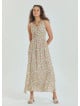 Double Breasted Collar Long Beige Dress with Slit from the Yoke 4561